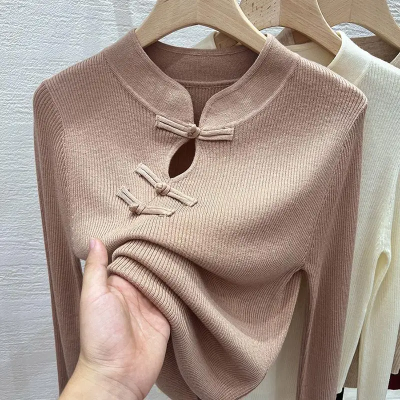 Женский трикотажный свитер красная водолазка с пряжкой в виде диска Вязаный топ