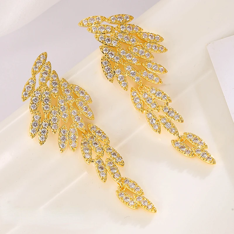 

Premium 14K Gold Plated Earrings Bohemian Style Art Angel Wings White Gold Color Long Zirconia Earrings Elegant Women's Jewelry