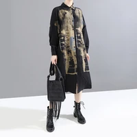2021spring new japanese womens clothing loose printed dress mid length dress shirt skirt5819