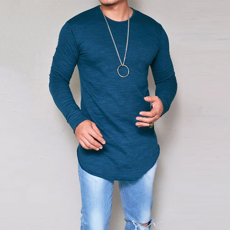 

Men's Slim Fit O Neck Long Sleeve Muscle Tee Hipster T-shirt Casual Tops Blouse Hip Hop Basic Curved Hem T Shirt Fall