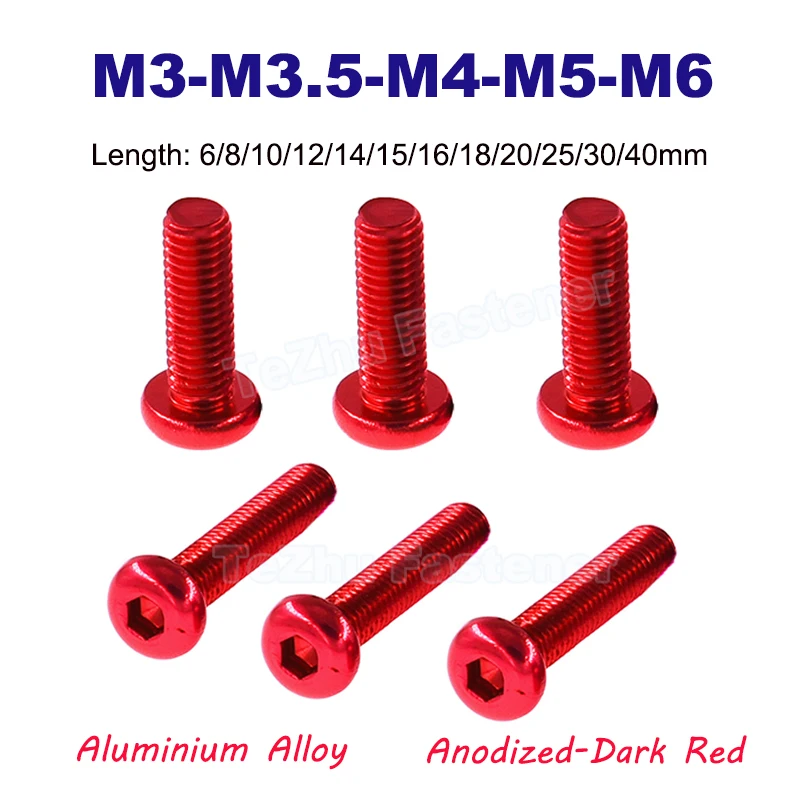 Купи 1-10pcs M3 M3.5 M4 M5 M6 Round Aluminium Alloy Screws Hex Socket Button Head Allen Bolt Mechanical Screw Dark Red Length 6~40mm за 32 рублей в магазине AliExpress