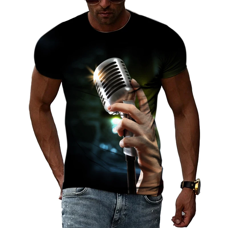 

New3D Microphone Microphone Printed T-shirt for Men's Summer Fashion Hip Hop Music Elements T-shirt Cool Casual Quick Drying Top