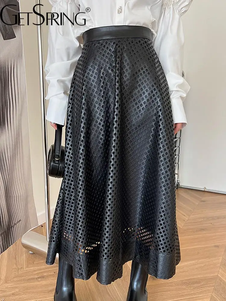 

GetSpring Women Skirt 2023 Spring Black Leather Skirt Fashion High Waist Hollow Out Loose Long A-Line PU Skirts New Arrival