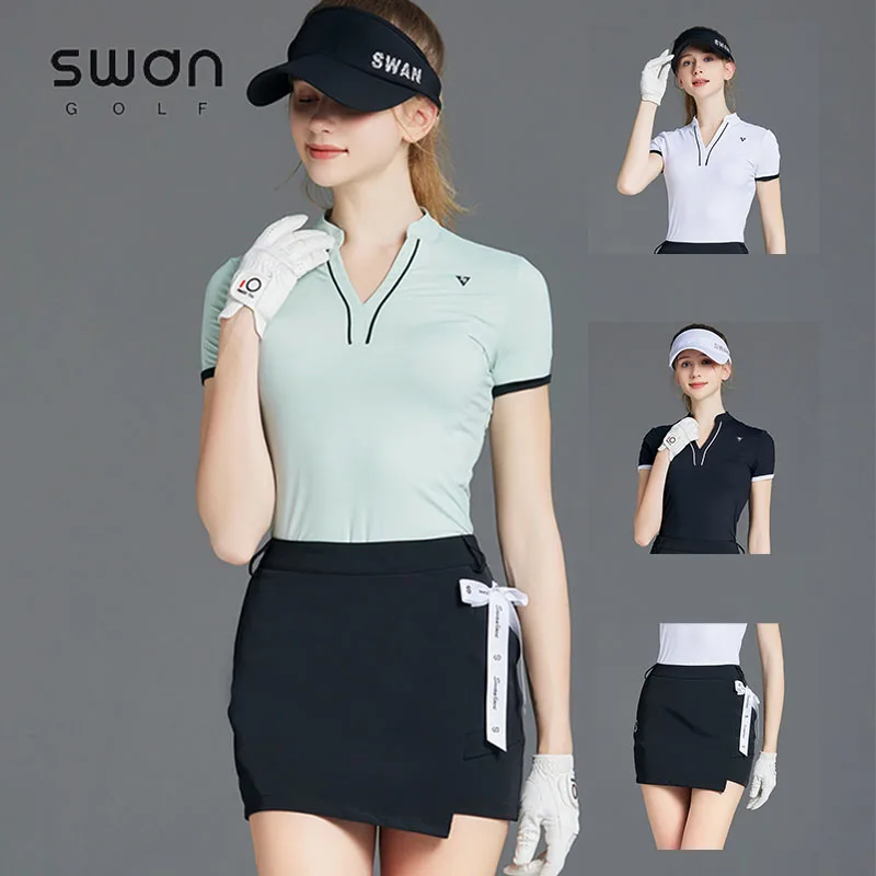 Tops Women V-neck Short Sleeve T-shirts High Waist Golf Skirt Elegant Slim Skort With Bowknot
