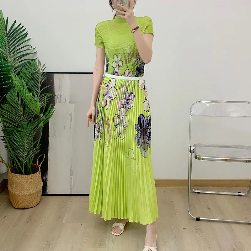 

Pleated printed two-piece summer fashion corn grain top+pleated skirt set
