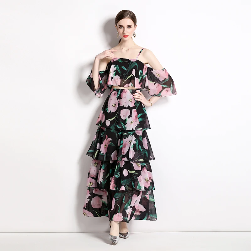 

Модные шифоновые летние костюмы, комплекты с юбкой для морского отпуска, милая рубашка без бретелек, макси-юбка, костюмы, комплект из 2 предметов, женский наряд