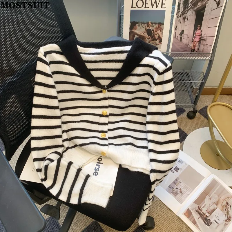 

Sailor Collar Striped Knitted Sweater Cardigan Women 2023 Autumn Long Sleeve Single-breasted Fashion Elegant Vintage Top Jumpers