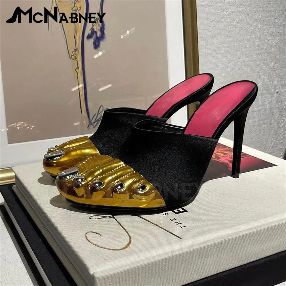 Золотистые Латунные атласные сандалии без задника с бантом-бабочкой на ремешках