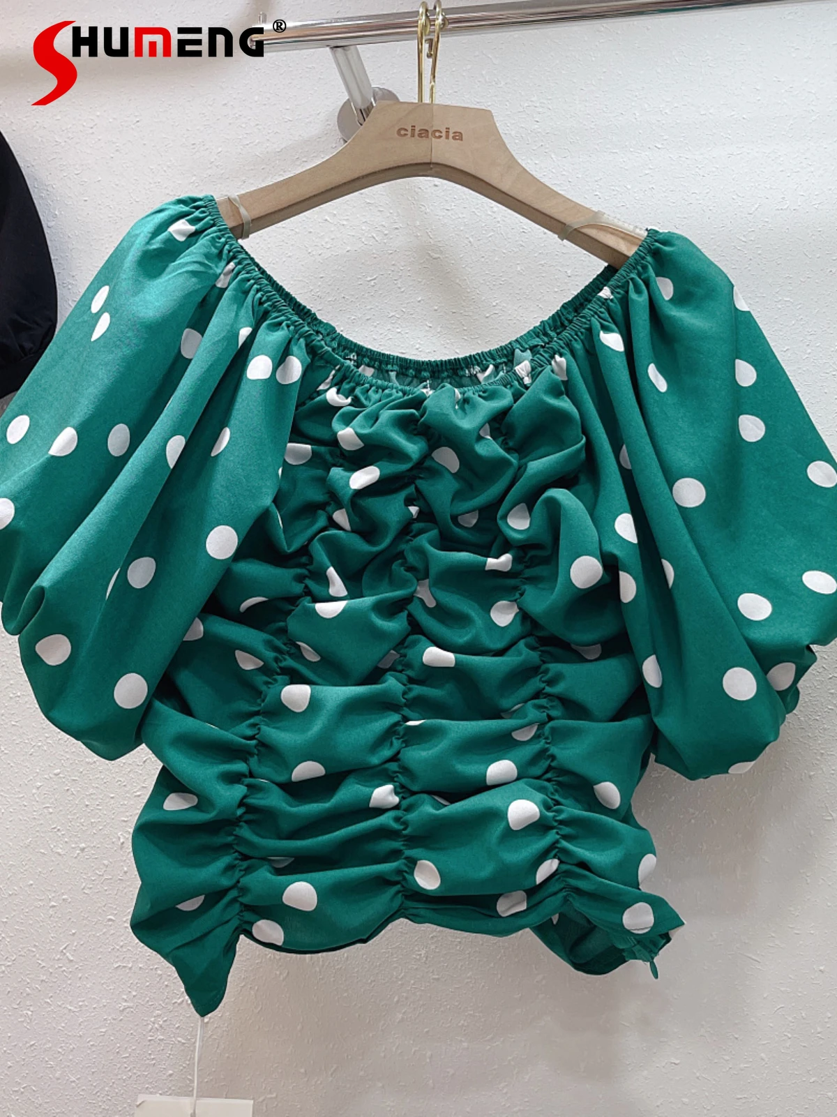 

Blusas De Mujer 2022 Summer New Women's Clothing Slimming Blouse Polka Dot Puff Short Sleeve Pleated Short Shirt for Women