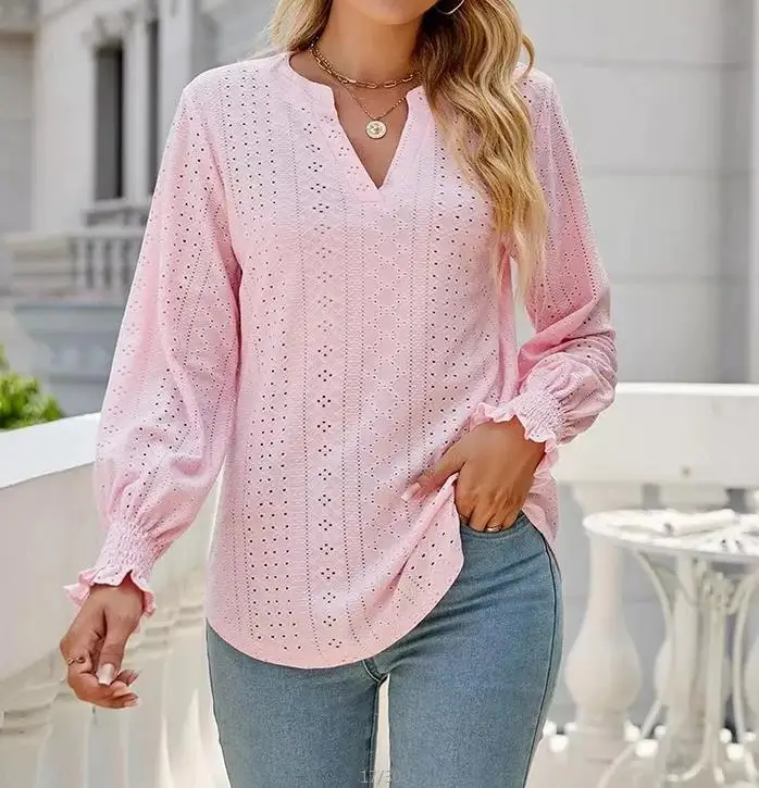 

Женская блузка из полиэстера, с длинным рукавом и V-образным вырезом