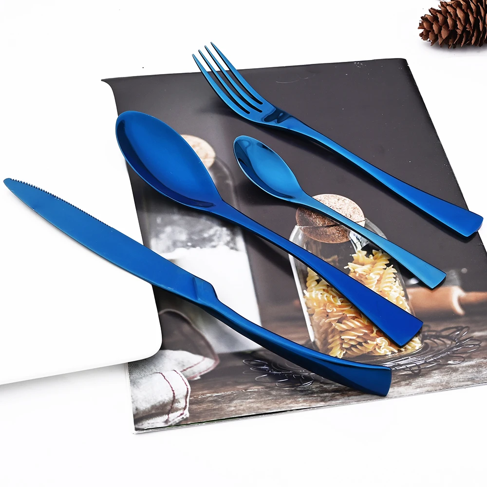 Kitchen 24Pcs Dinnerware Set Blue Tableware Set 304 Stainless Steel Cutlery High Quality Knife Fork Teaspoons Silverware Set