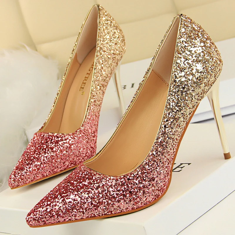 

2022 Sexy Women Glitter 9.5cm High Heels Stripper Pumps Scarpins Tacones Bling Gold Pink Heels Wedding Bridal Prom Wedding Shoes
