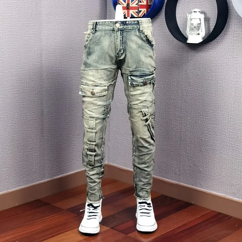 Spring and Autumn New Ripped Mens Jeans Patch Slim Feet Trend Retro Denim Pant for Men Fashion Mens Trousers