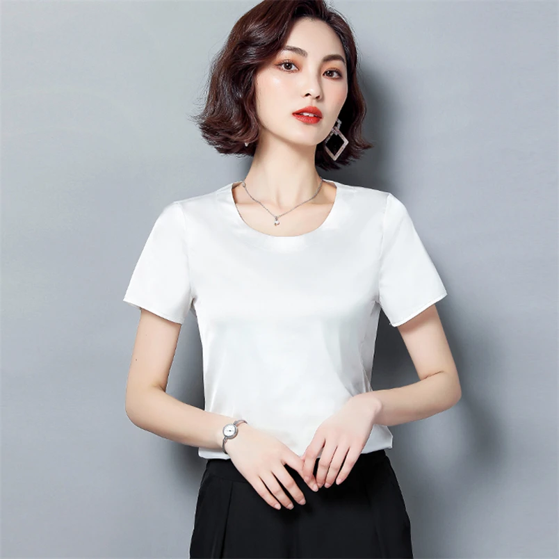 

2022 Brand New Summer Women T-shirts Solid Satin O-Neck Tops Casual Loose Simple Woman's Office Work Shirt Female Tees Tops
