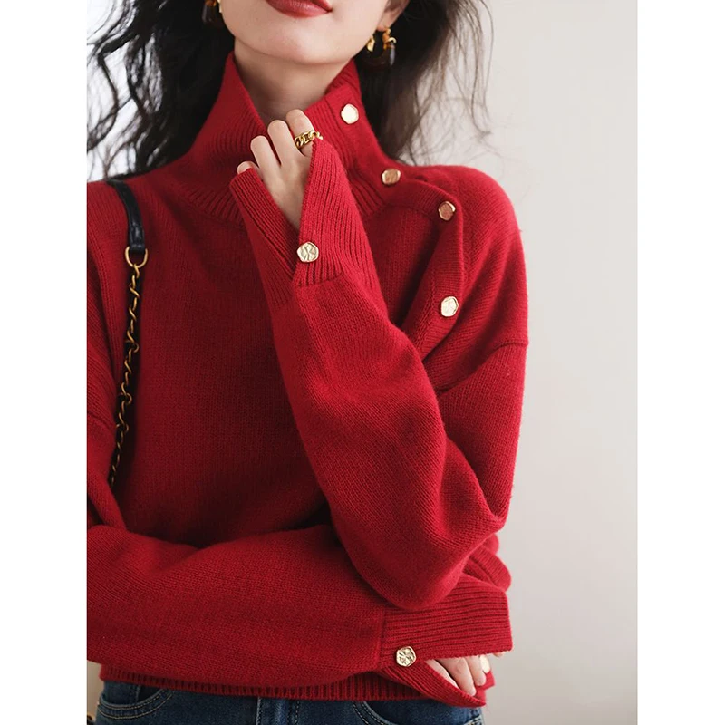 Винтажная водолазка GIDYQ красный яркий свитер женские элегантные шикарные