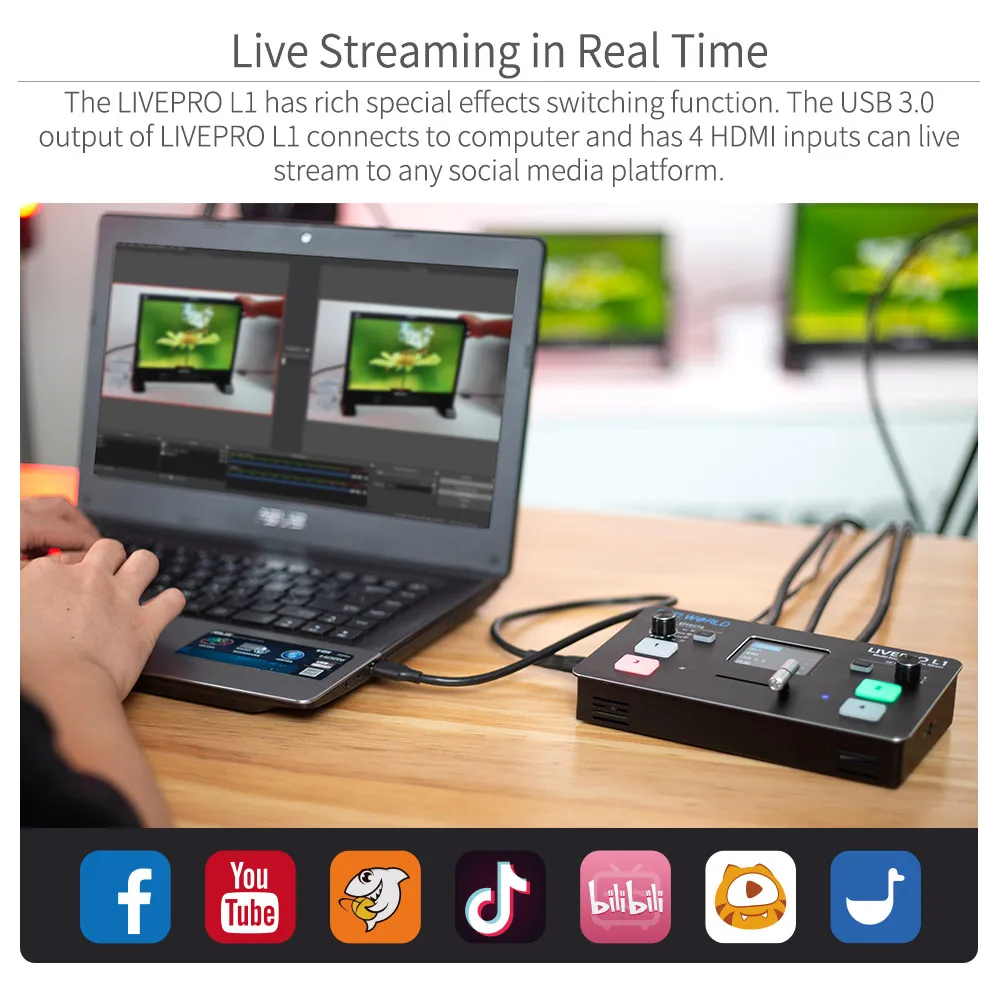 Фото Мультиформат видеомикшер FEELWORLD LIVEPRO L1, смеситель с 4 входами, производство нескольких камер, USB3.0 для прямой трансляции №5
