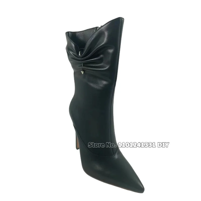 Woman Black Leather Thin High Heel Rivet Ankle Boots Concise New Botas Thin High Heels Female
