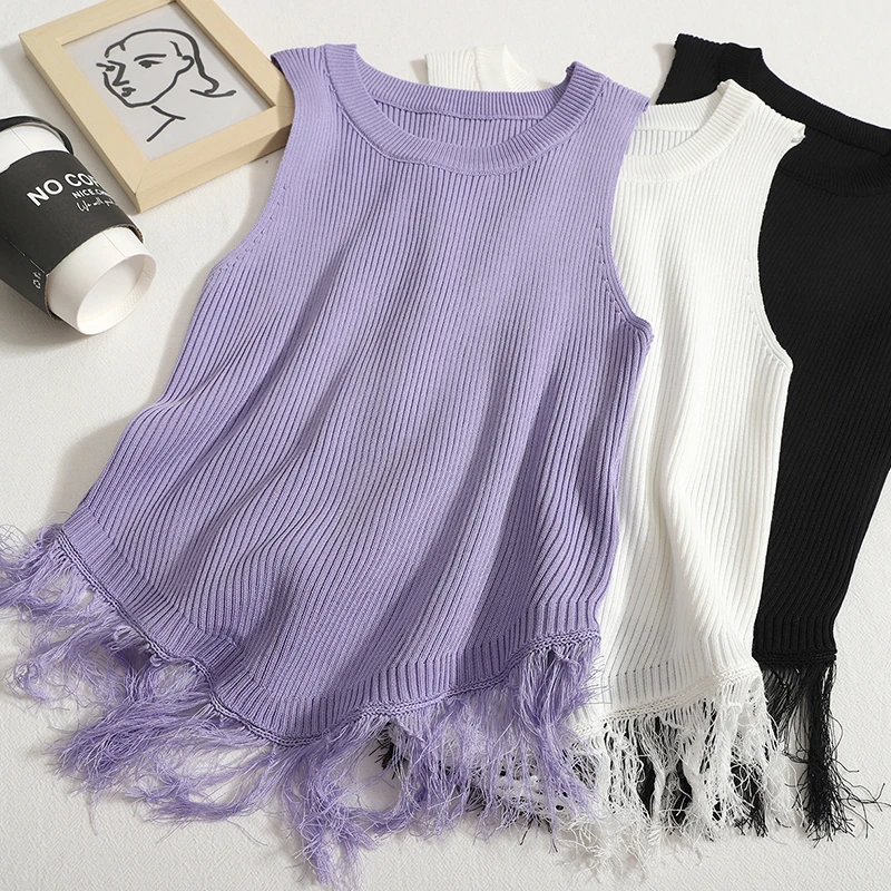 

Tassels Knitted O-Neck Sleeveless Summer Crop Top Women Casual Basic Clothing Camis Slim Tank Tops Office Lady Dropshipping