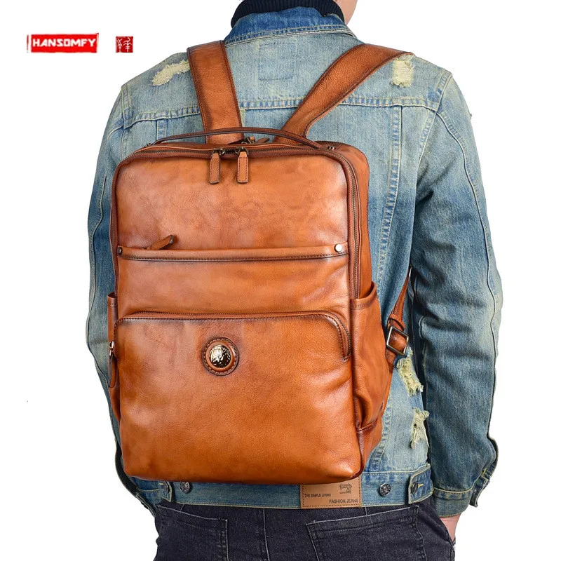 

Retro Style Vegetable Tanning Cowhide Men's Backpack Casual Leather Laptop Bag Shoulder Travel Backpack Business School Bags