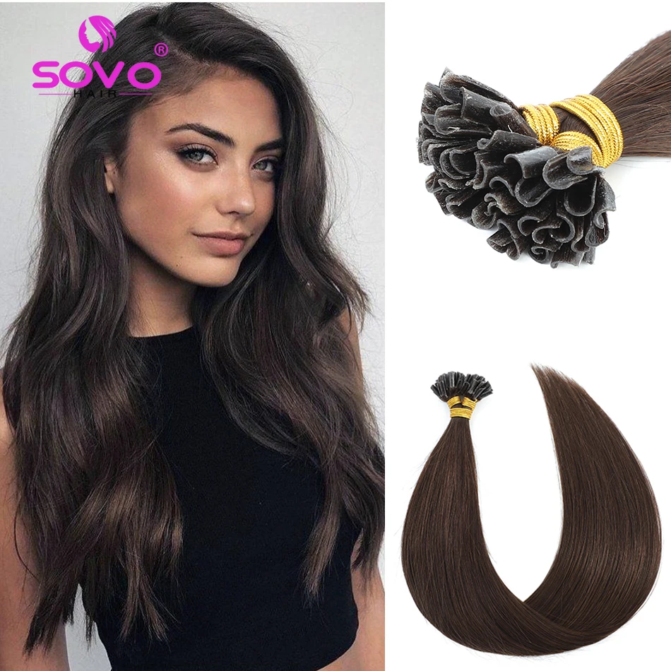 

SOVO U Tip Hair Extensions Keratin Hair Extension European Human Hair Blonde 50 Strands Brown 613 Nail Bond Capsule Machine Remy