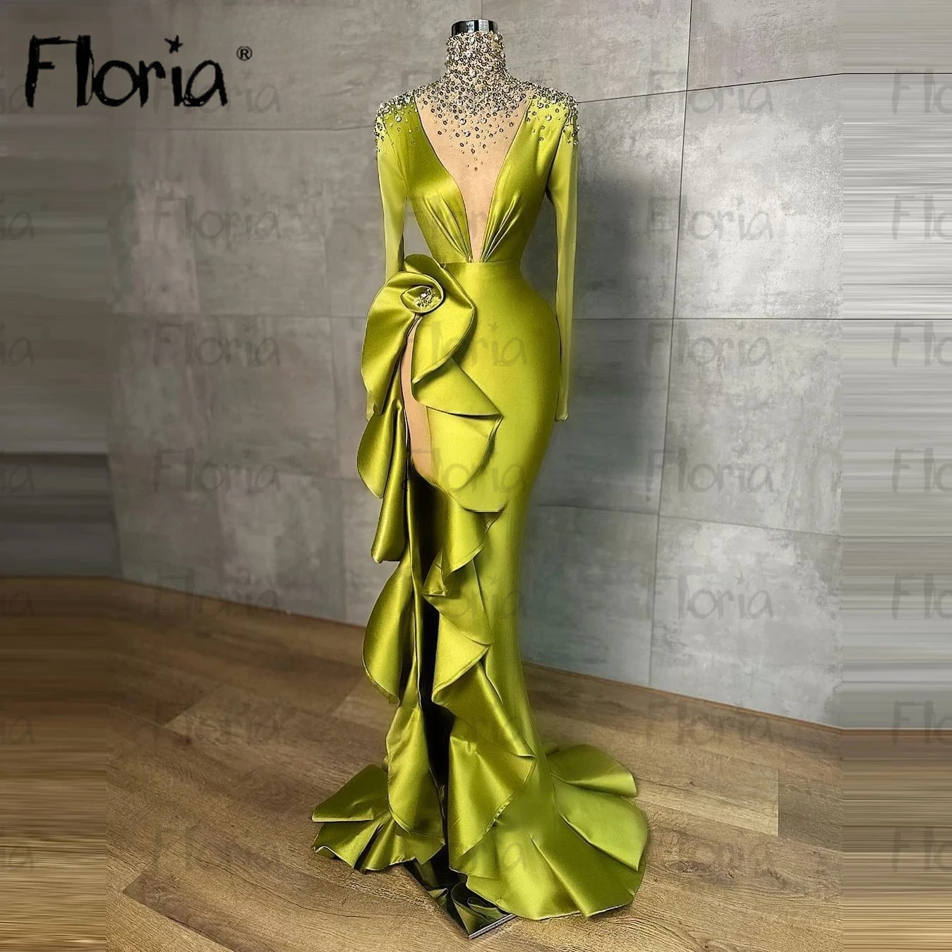 

Женское вечернее платье с высоким разрезом, зеленое фатиновое платье с оборками, бусинами и кристаллами, для торжественных мероприятий, на арабском языке