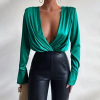 2022 spring and summer new v neck padded shoulder pleated long sleeved shirt one piece top