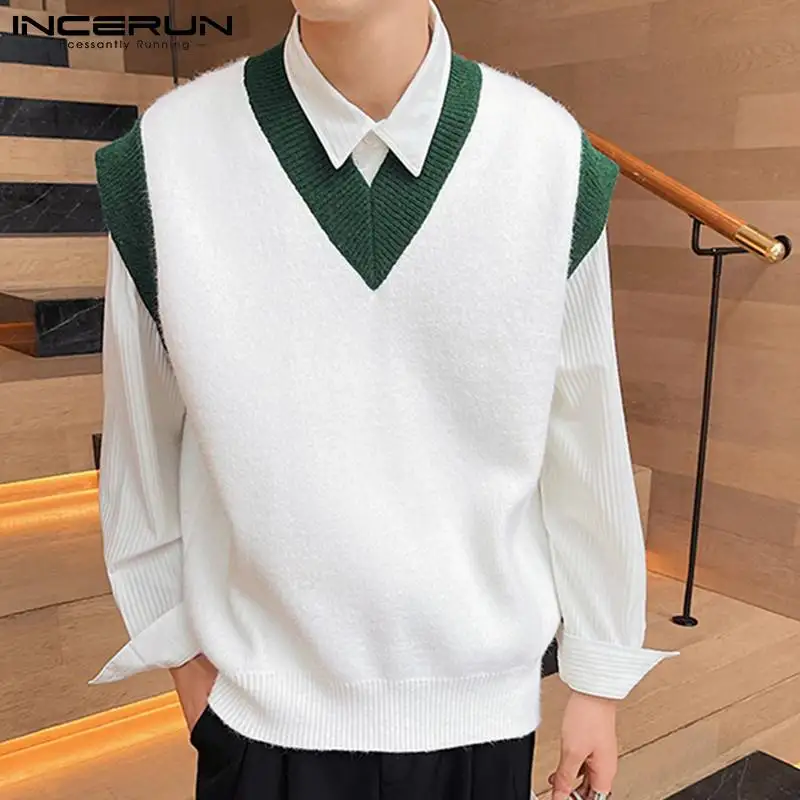 

INCERUN Men Sweater Vests Patchwork V Neck Sleeveless Loose All-match Knitted Casual Waistcoats Men 2022 Streetwear Tops S-5XL