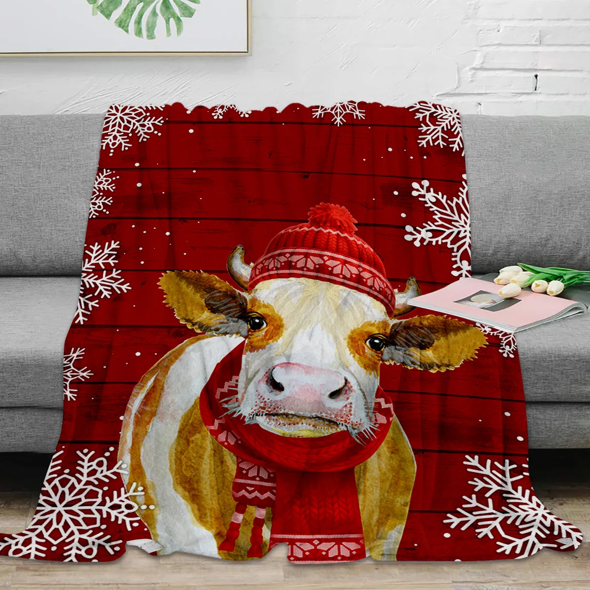 

Рождественское одеяло в стиле кантри, снежинка, корова, плед для дивана, Рождественское украшение, покрывало, портативное фланелевое одеяло из микрофибры