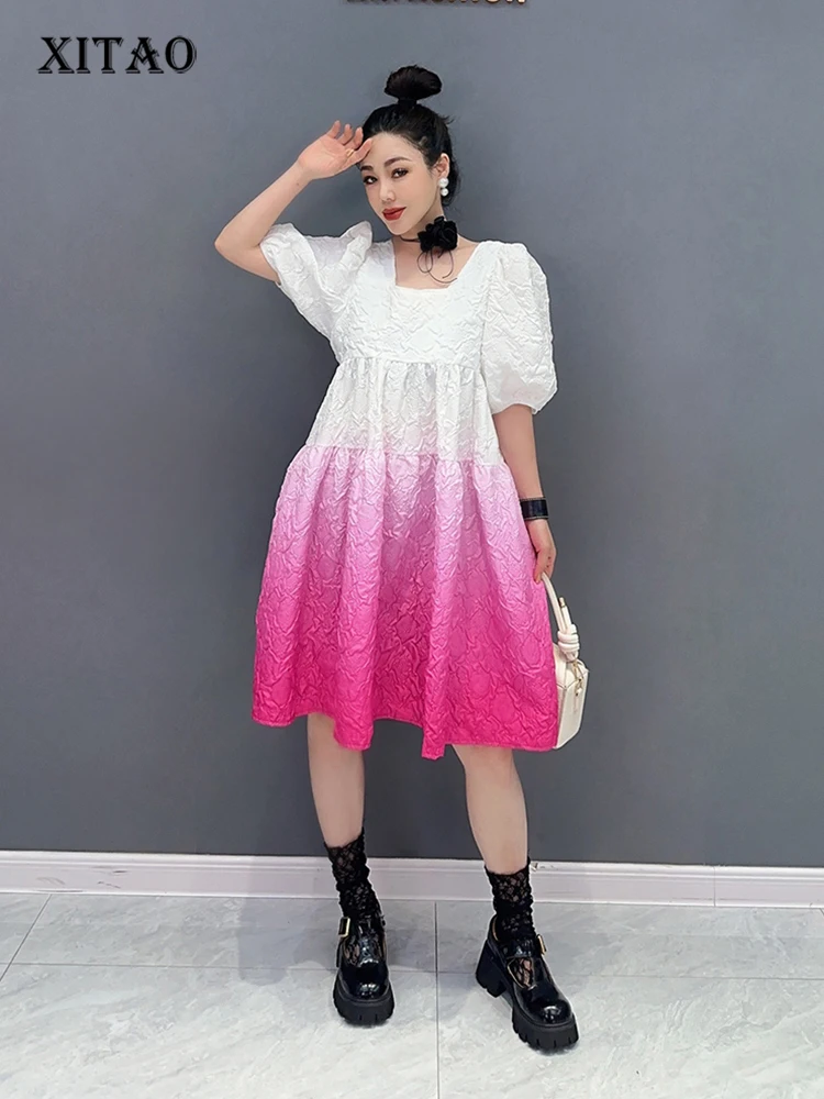 

XITAO Gradient Folds Dress Loose Fashion Casual Temperament Square Collar Puff Sleeve Dress 2023 Summer Simplicity New DMJ1821
