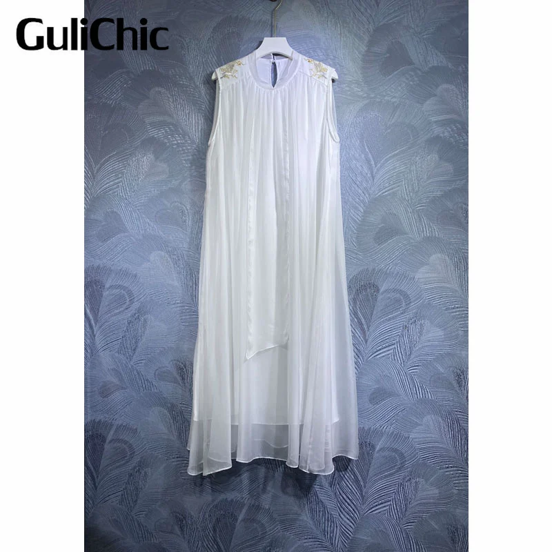 

4,21 GuliChic женское белое темпераментное свободное удобное платье без рукавов с вышивкой животного