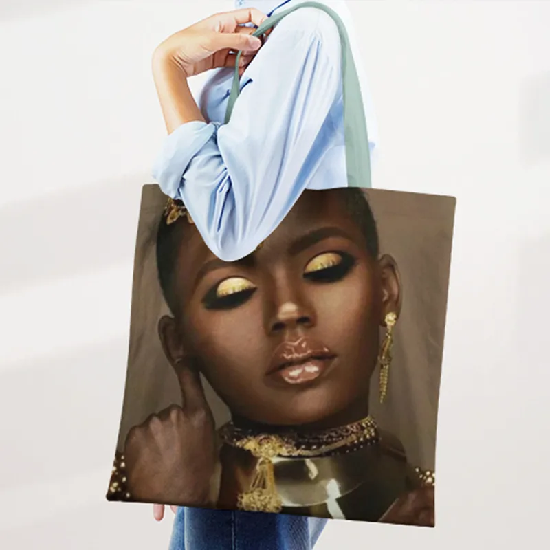 

Golden Afro Woman Shoulder Bag Printed Handbag Shopping Tote Canvas Reusable Pretty Eco Portable High Capacity Beach Bags Trendy