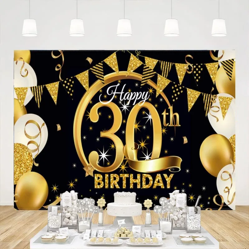 

Happy 30th Birthday Backdrop Party Decoration Black Gold Poster Banner Thirty Years Old Background Supplies Photo Booth Props
