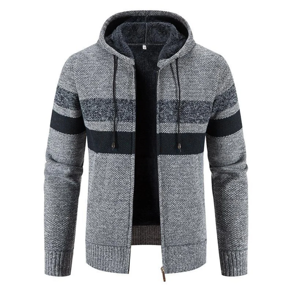 ERIDANUS Men's Thick Striped Zipper Cardigan Hoodied Sweater Casual Warm Fleece Stand Collar Knit Coat Male Streetwear MWK081