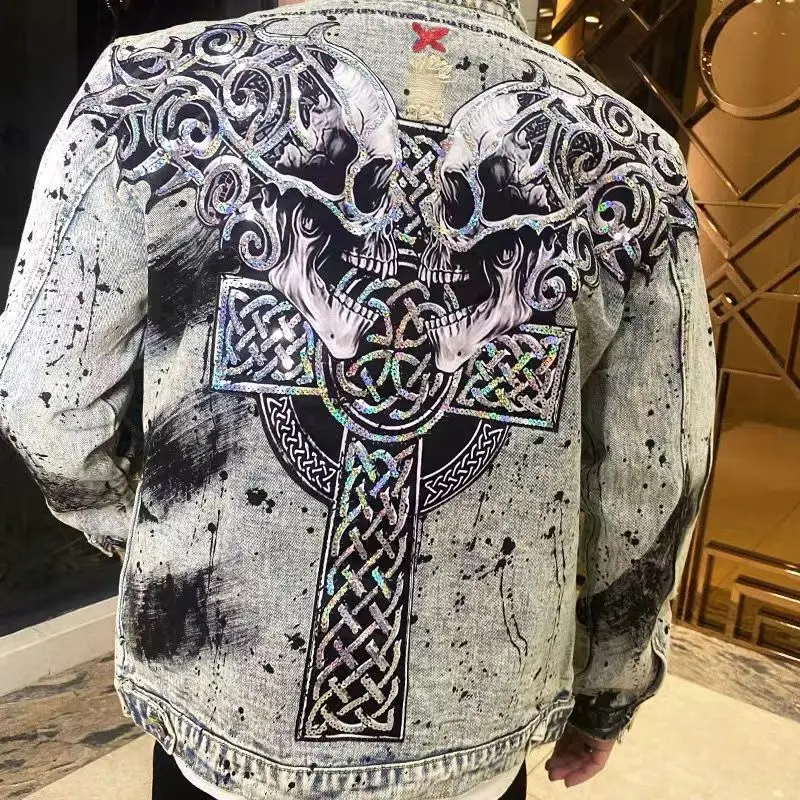 Men's spring and autumn new hot selling street motorcycle punk heavy industry sequins skull embroidery graffiti denim jacket