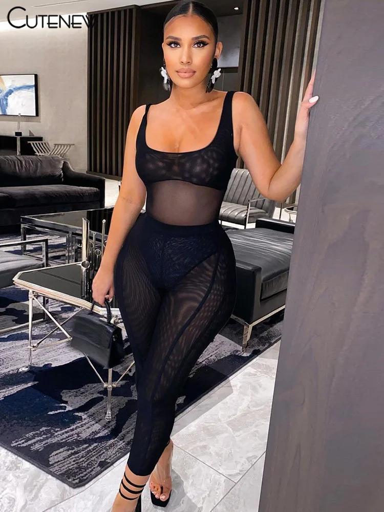 

Cutenew Solid Black Mesh See Through Patchwork Two Piece Set Women Sexy Low Neck Bodysuits+High Waist Skinny Pants Lady Clubwear