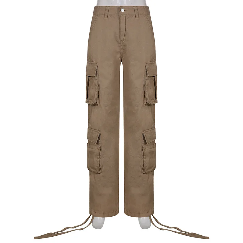 

2022 Summer Women's Cargo Trousers Tooling Straight Jeans Trousers with Multi Pockets High Waist Loose Wide Leg Retro Jeans