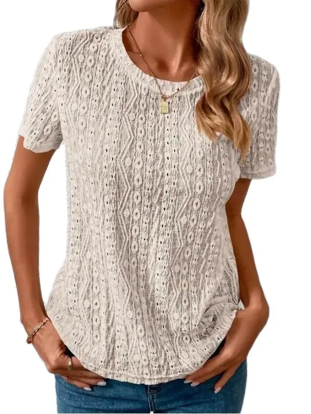 Lace Hole T Shirt 2023 Summer New Solid Round Neck Loose Casual Short Sleeve Versatile Street Style Streewear Bottom