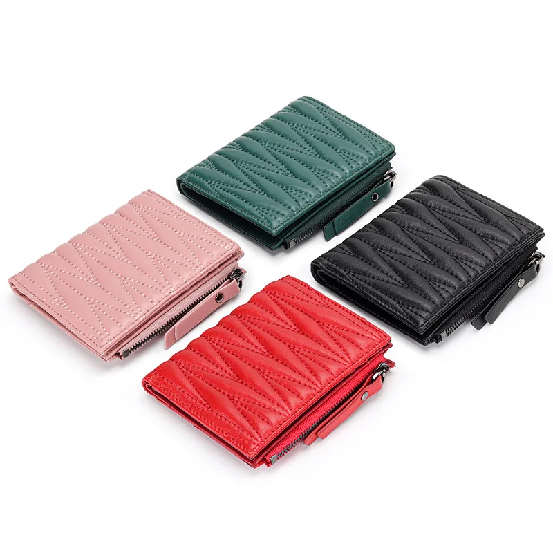 URBAN MASTER Sheepskin Pleated Wallet for Women Fashion Embroidered Genuine Leather Short Female Zipper Coin Purses Card Holder
