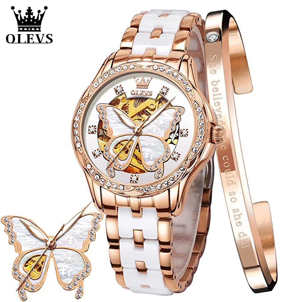 OLEVS Women's Automatic Watches Skeleton Mechanical Ladies Elegant Luxury Dress Butterfly Diamond White Ceramic Band Watch Gift