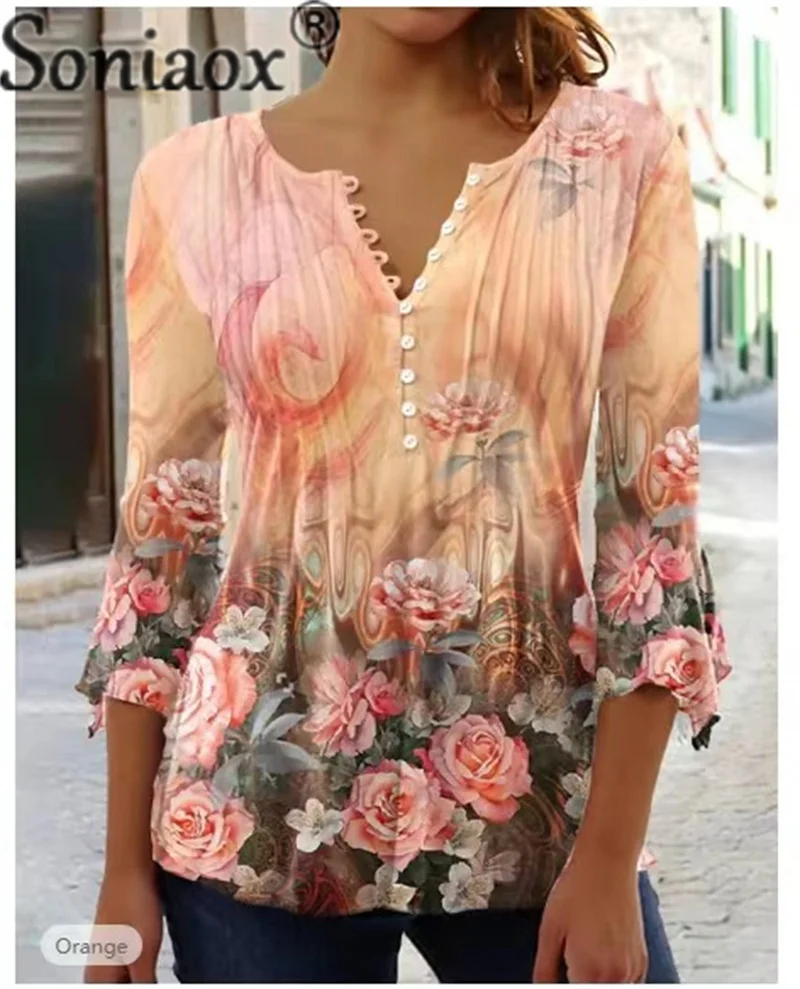 

Spring Summer Casual Floral Print Pleated Bottoming Shirt Female Button V Neck Seven-point Sleeve Blouse Women Commuter New Tops