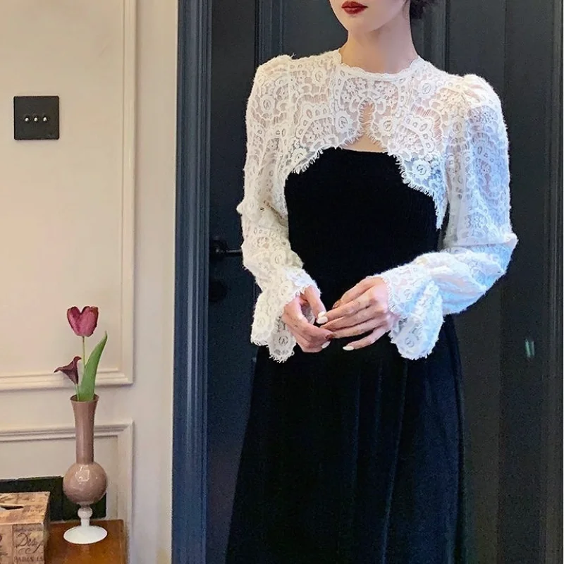 

Balck Lace Dress Women Long Sleeve Vintage Party Dress Office Lady Evening One Piece Dress Korean New Year Clothing 2021 Winter