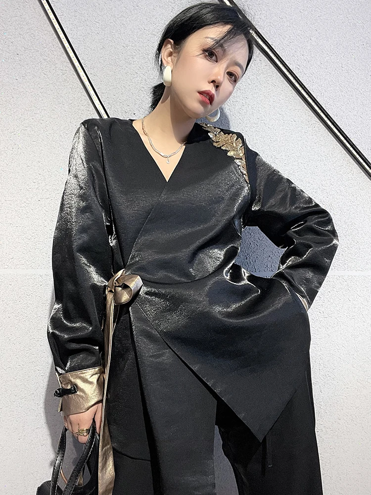 

XITAO Two Piece Set Women Full Sleeve Vintage Drawstring Top Elastic Full Length Pants 2022 Minority Style Style WMD5460