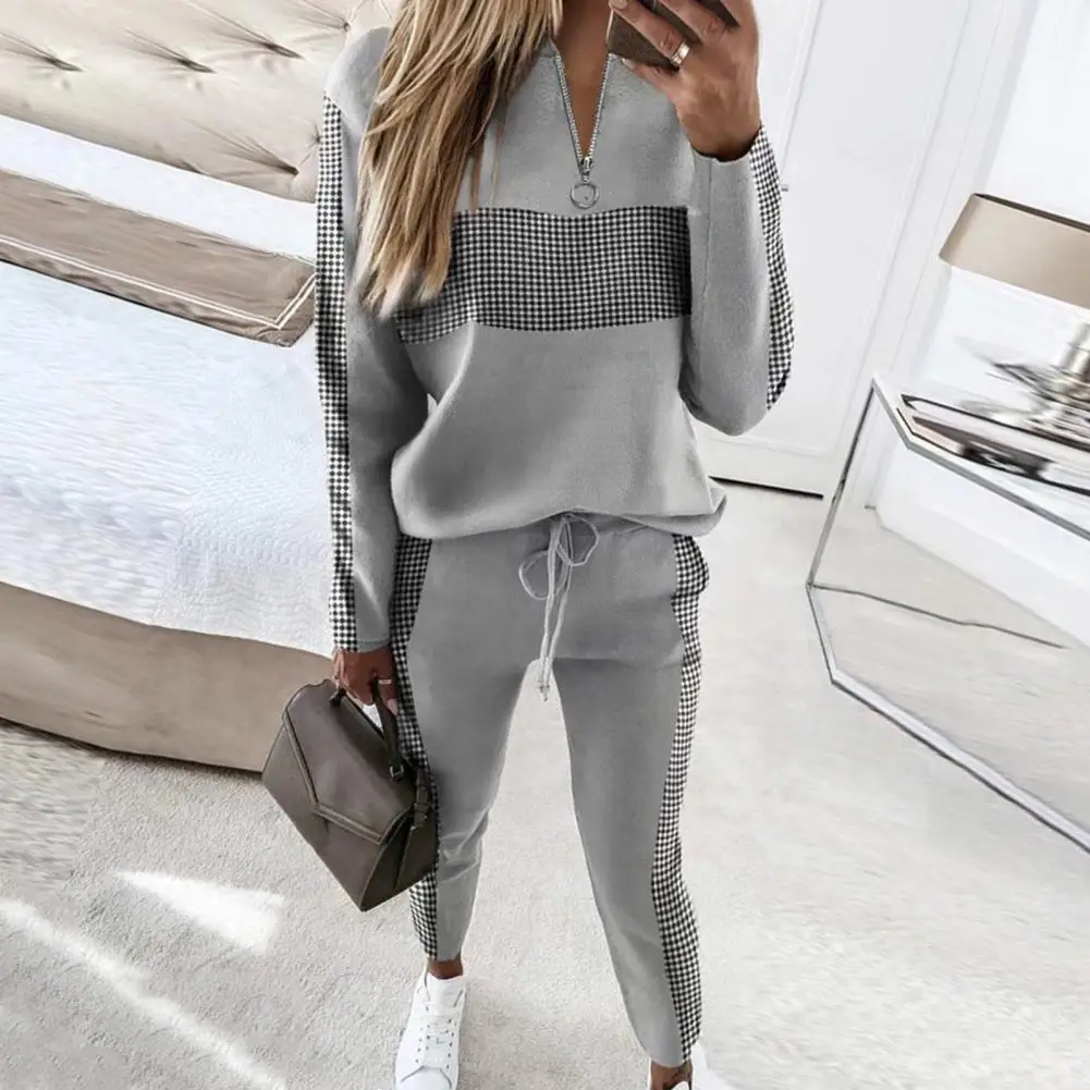 

2 Pcs/Set Autumn Tracksuit Elastic Waist Sweatshirt Pants Set Plaid Print Pullover Drawstring Patchwork Sweatshirt Trousers Set
