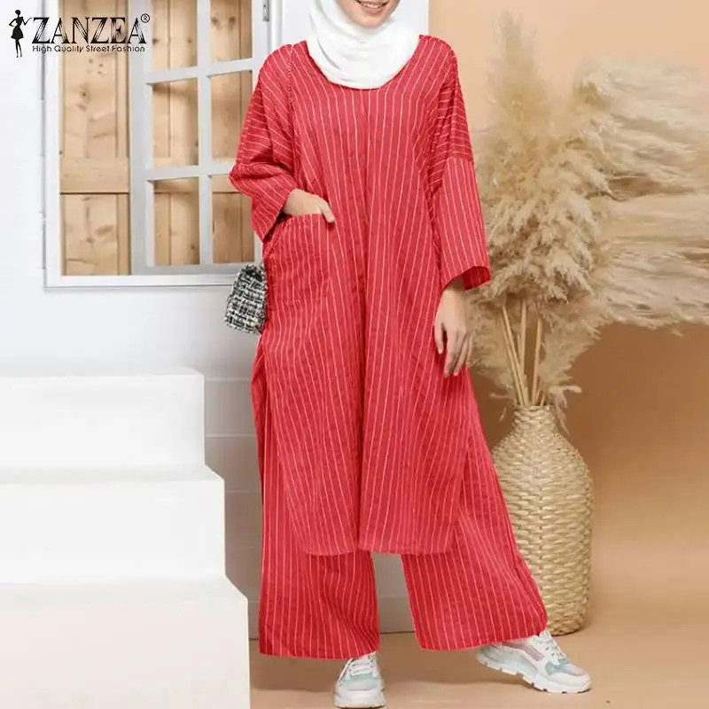 

ZANZEA размера плюс, мусульманский Дубай, Турция, комплекты со штанами, комплекты для женщин, с длинным рукавом, Раздельный Топ, полосатый принт...