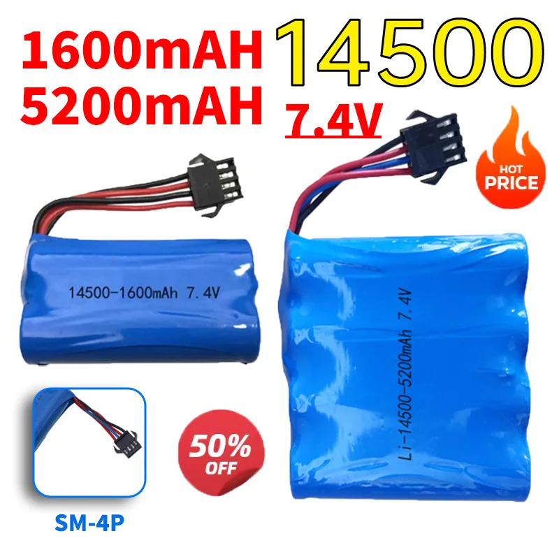 Фото 7,4 В, 1600 мАч, 14500, литий-ионный аккумулятор/с вилкой SM4P/USB-зарядное устройство для водяного пистолета, радиоуправляемый грузовик, корабль, вертолет, игрушечный аккумулятор, аксессуары №1