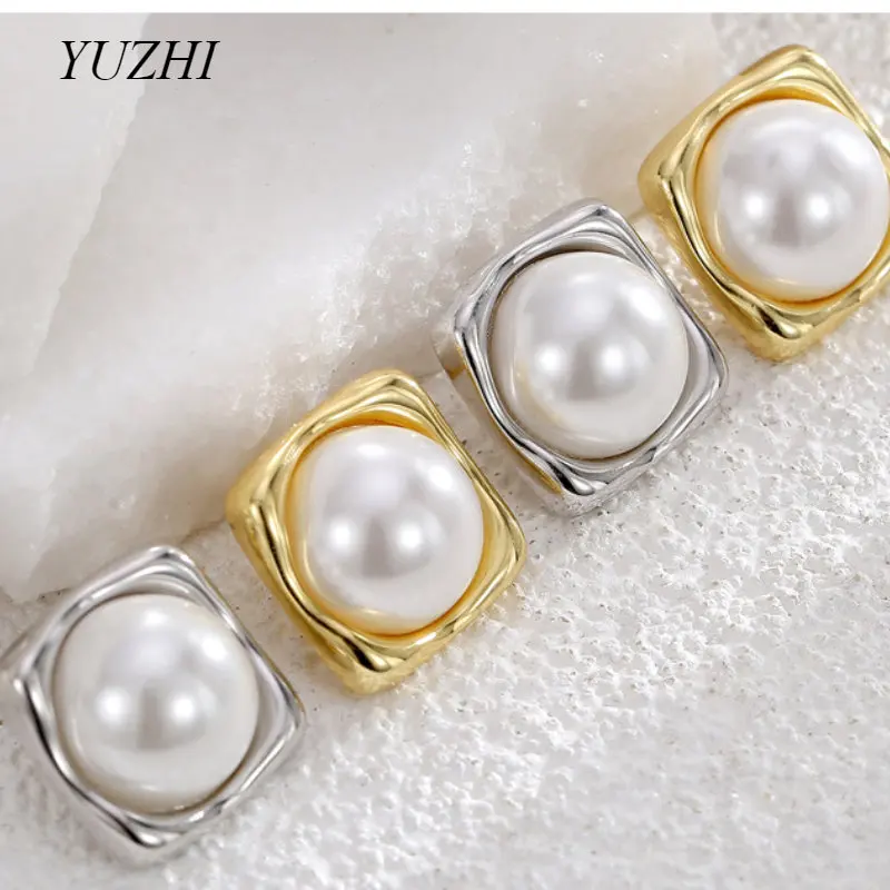

S925 Silver Needle Korean Jewelry French Retro Pearl Simple Temperament Generous Niche Square Earrings