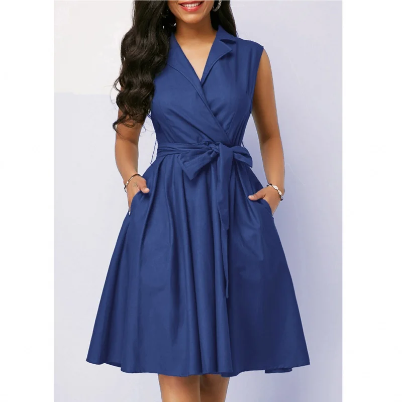 

European and American Solid Color Waist Tight Sleeveless Lapel TiedAWord Commuter Dress Mid-Length Women's Waist-Slimming Dress