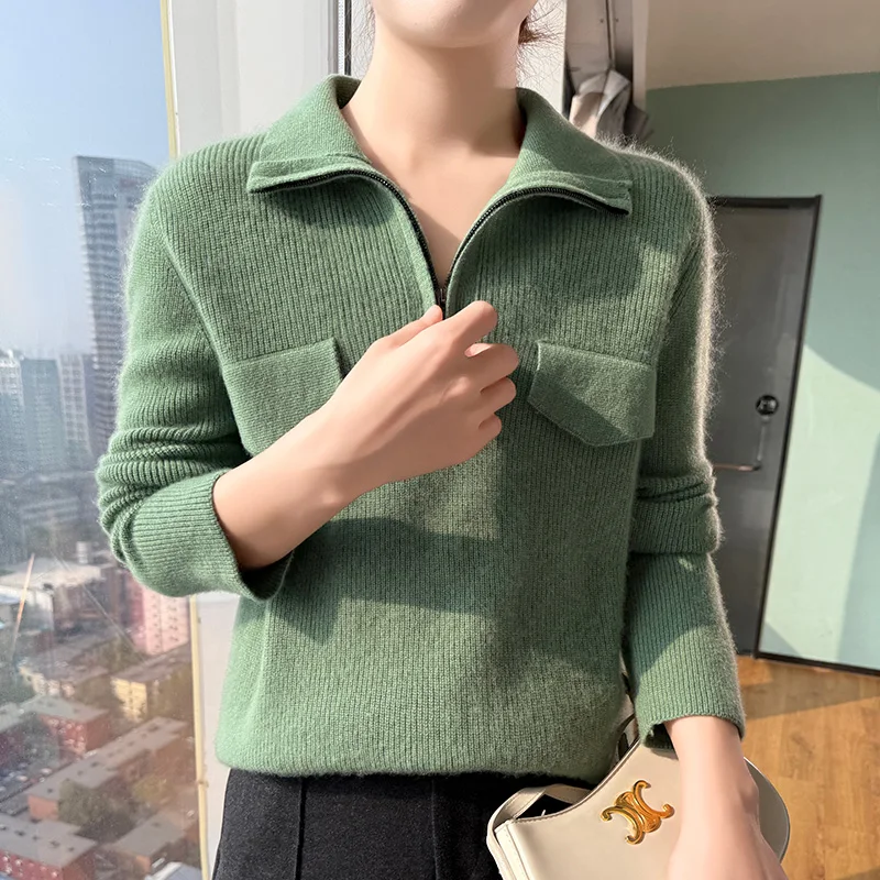 Осень/зима новый женский свитер пуловер с полувырезом из 100% мериносовой шерсти