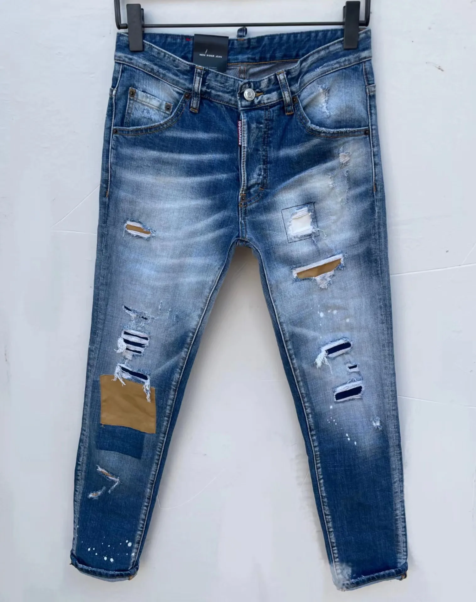 

Men's Streetwear Stretch Patch Long Jeans Dsquared2 New Men High Quality Ripped Blue Jeans Italian Luxury Brand Blue Size 44-54