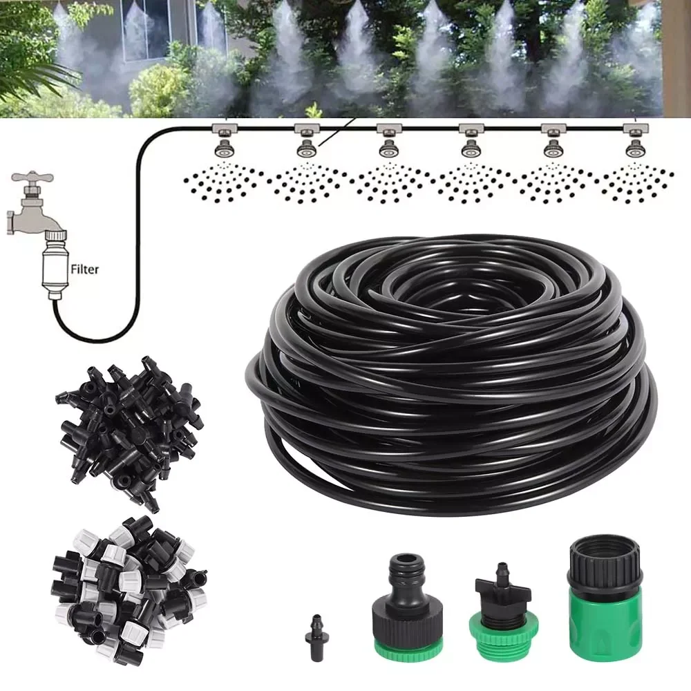 

2023NEW 1 Kit Fog Watering Irrigation System 20M PVC Hose Portable Misting Cooling Automatic Water Nozzle Spray Head Tee Connect
